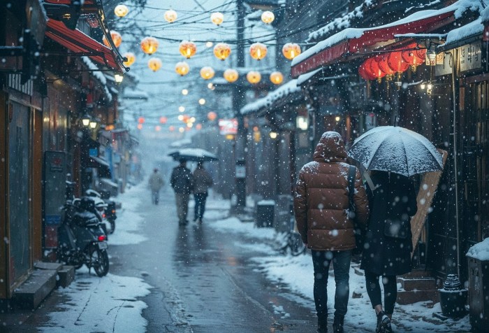 Descubre el encanto invernal de un pintoresco callejón nevado iluminado por farolillos. Esta imagen captura la esencia de una tranquila noche de invierno en una calle adornada, perfecta para sentir la magia del frío desde la comodidad de tu hogar. #Fotografía #Cine #Amor #Corea #InviernoMagico #CallejónNevado #NocheConEncanto #Calle #belleza #aiart #ai