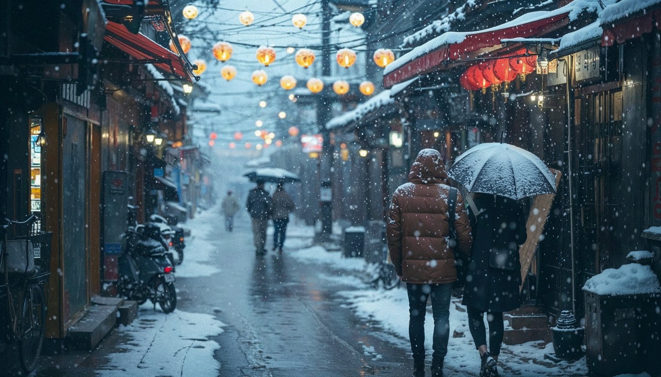 Descubre el encanto invernal de un pintoresco callejón nevado iluminado por farolillos. Esta imagen captura la esencia de una tranquila noche de invierno en una calle adornada, perfecta para sentir la magia del frío desde la comodidad de tu hogar. #Fotografía #Cine #Amor #Corea #InviernoMagico #CallejónNevado #NocheConEncanto #Calle #belleza #aiart #ai
