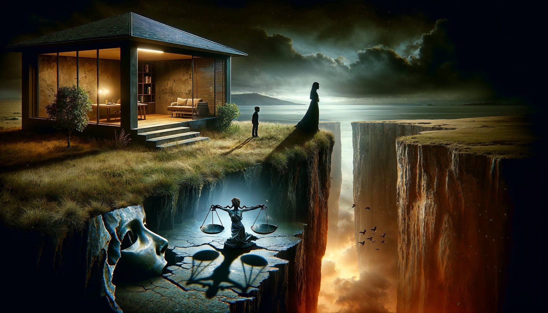 Una escena surrealista con una casa moderna al borde de un precipicio, una figura femenina mirando hacia el abismo, una estatua de la justicia y un rostro esculpido en la roca. La imagen evoca misterio y reflexión sobre el equilibrio y la justicia.