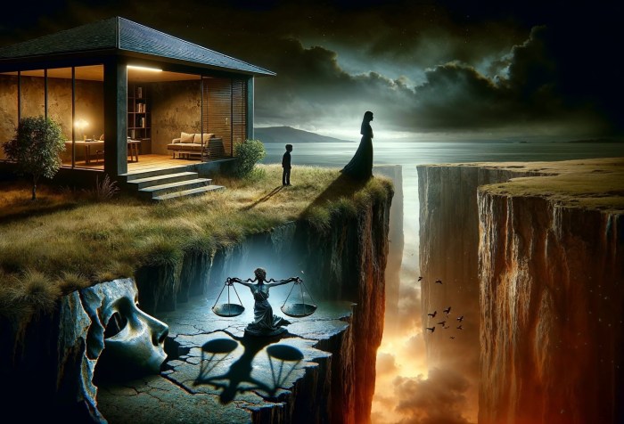 Una escena surrealista con una casa moderna al borde de un precipicio, una figura femenina mirando hacia el abismo, una estatua de la justicia y un rostro esculpido en la roca. La imagen evoca misterio y reflexión sobre el equilibrio y la justicia.
