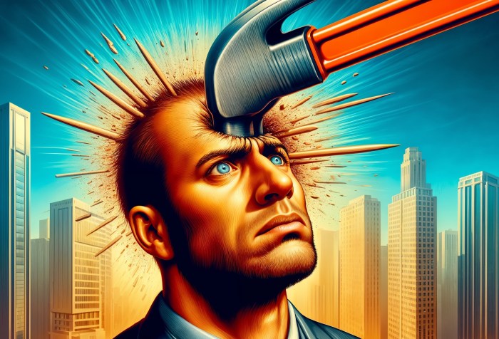 Esta llamativa imagen capta una escena surrealista con un hombre en un entorno urbano mientras un martillo gigante impacta su cabeza, provocando una explosión visual. Ideal para explorar temas de estrés, presión urbana y arte surrealista.