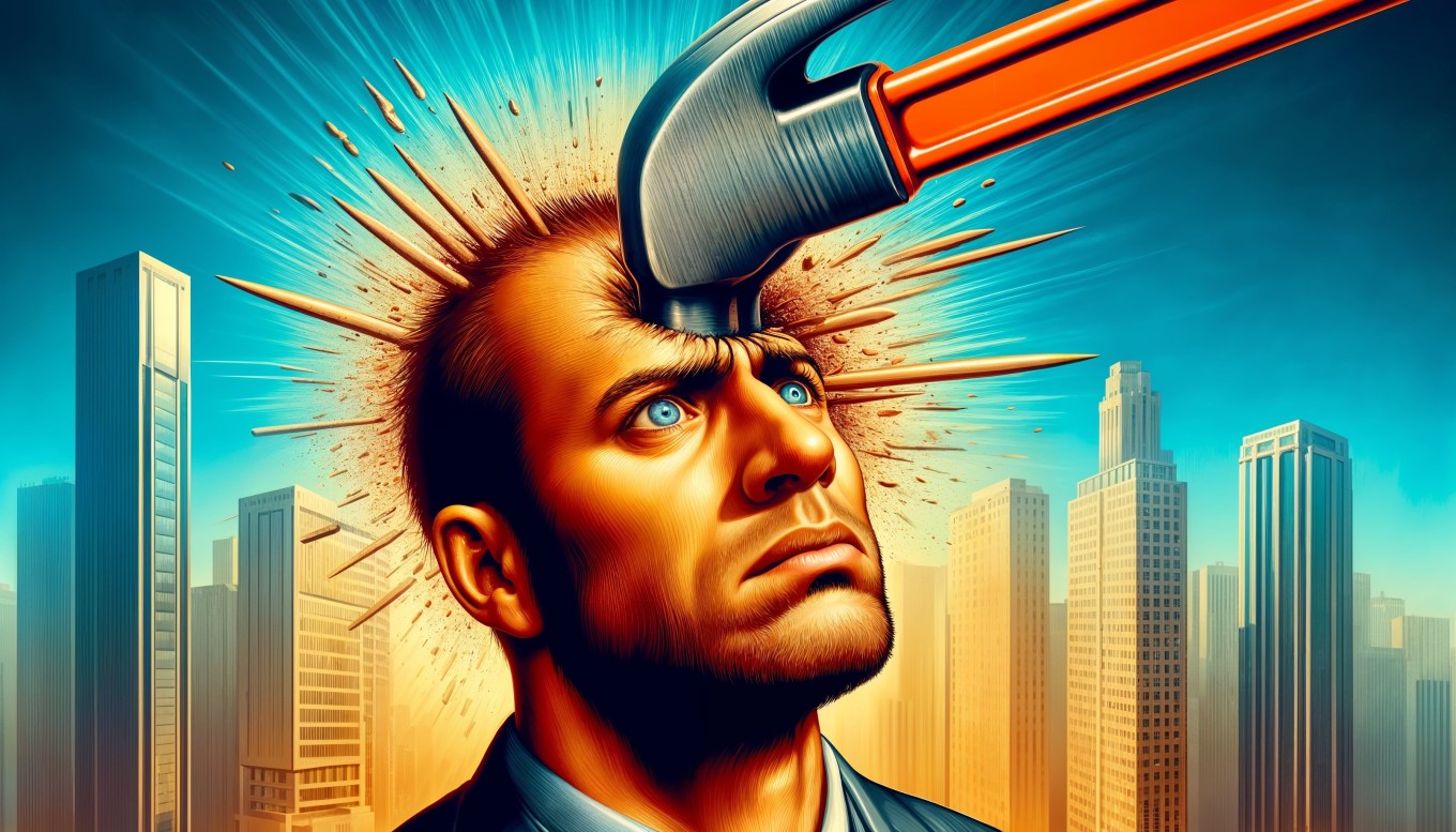 Esta llamativa imagen capta una escena surrealista con un hombre en un entorno urbano mientras un martillo gigante impacta su cabeza, provocando una explosión visual. Ideal para explorar temas de estrés, presión urbana y arte surrealista.