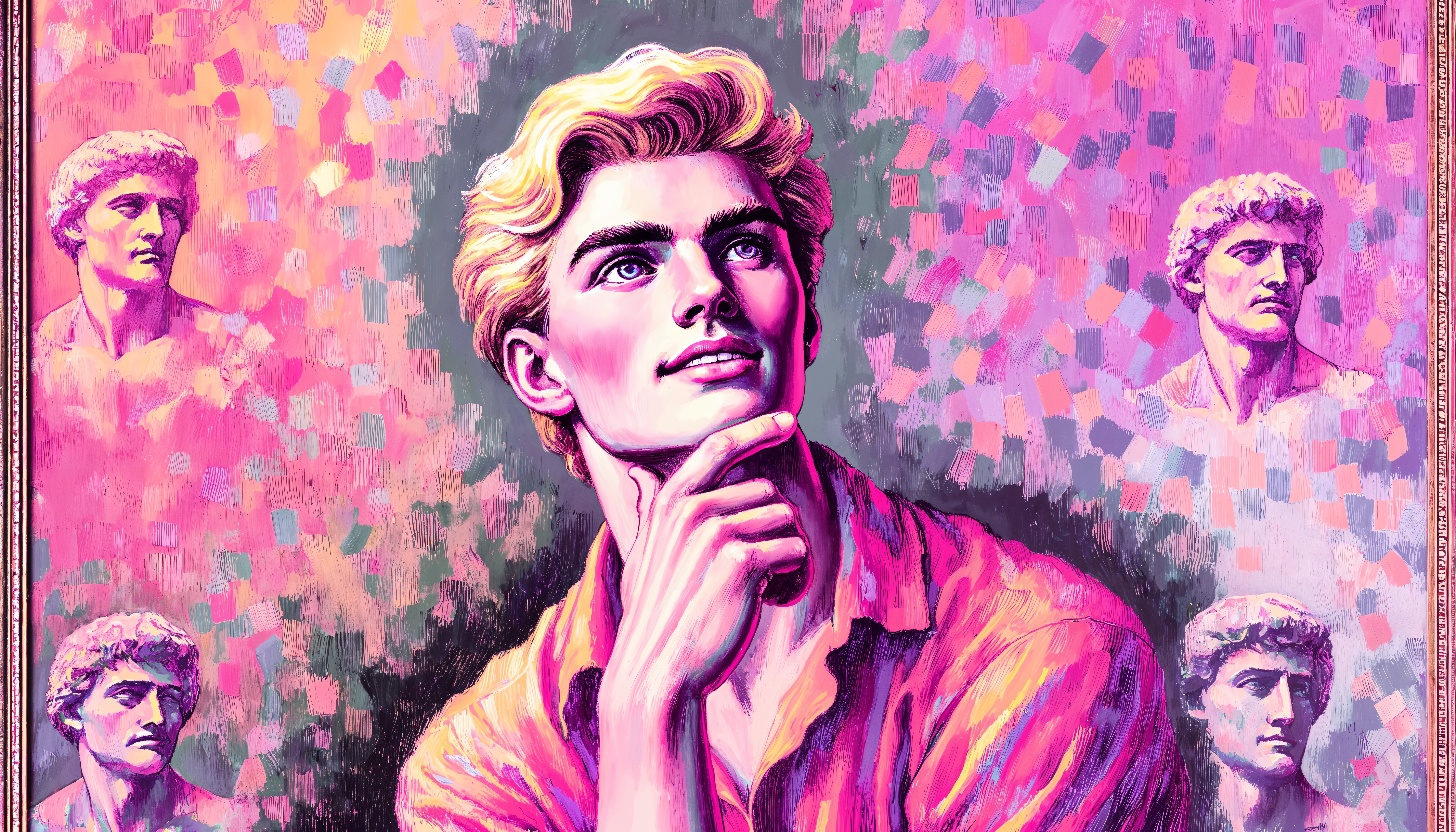 Este vibrante retrato presenta una figura masculina estilizada en un estilo artístico clásico y colorido, con tonos predominantemente rosas y púrpuras. Inspirado en las esculturas renacentistas, esta obra captura una mezcla de modernidad y clasicismo, ideal para amantes del arte y la cultura pop.