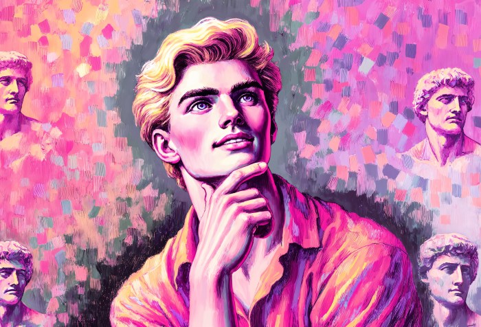 Este vibrante retrato presenta una figura masculina estilizada en un estilo artístico clásico y colorido, con tonos predominantemente rosas y púrpuras. Inspirado en las esculturas renacentistas, esta obra captura una mezcla de modernidad y clasicismo, ideal para amantes del arte y la cultura pop.