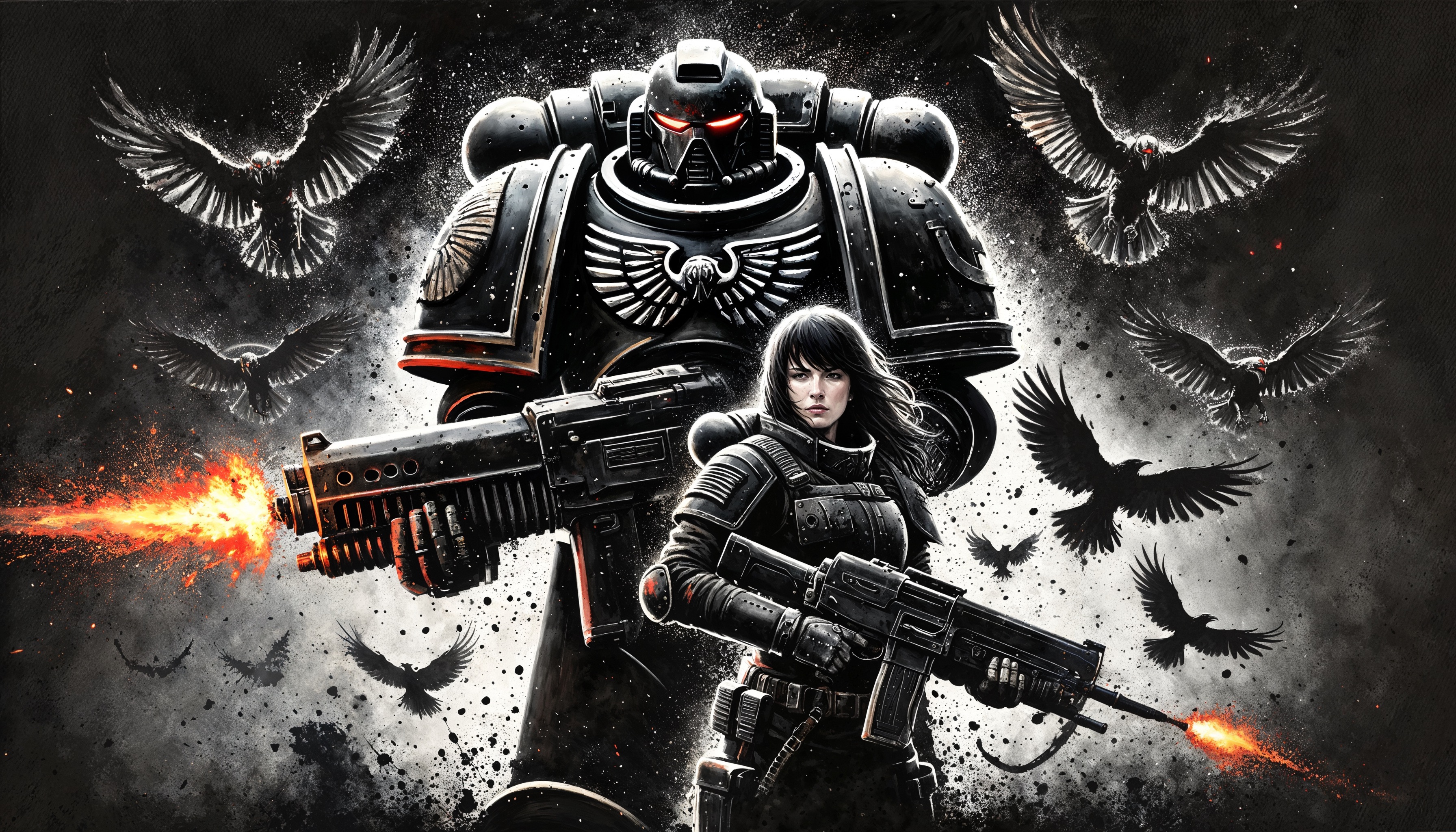 Explora el mundo futurista y épico de esta impresionante ilustración. Dos personajes armados con equipo de alta tecnología, acompañados de cuervos en un entorno oscuro y dramático. Ideal para los amantes del arte futurista y las historias de ciencia ficción.