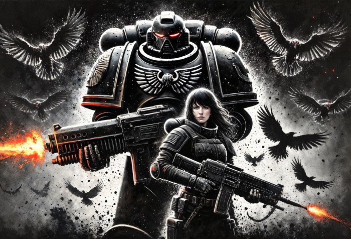 Explora el mundo futurista y épico de esta impresionante ilustración. Dos personajes armados con equipo de alta tecnología, acompañados de cuervos en un entorno oscuro y dramático. Ideal para los amantes del arte futurista y las historias de ciencia ficción.