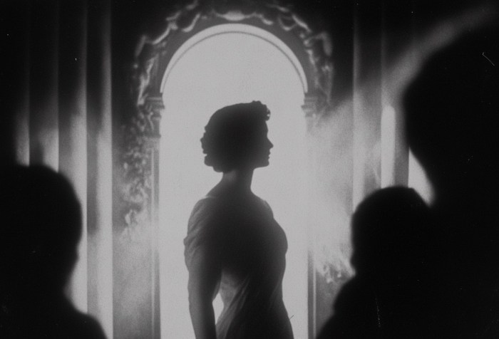 Una imagen en blanco y negro que captura la misteriosa silueta de una mujer en un entorno de apariencia clásica, con un fondo iluminado que acentúa su perfil. Este retrato evoca una atmósfera de cine clásico, con sombras dramáticas y una sensación de intriga.