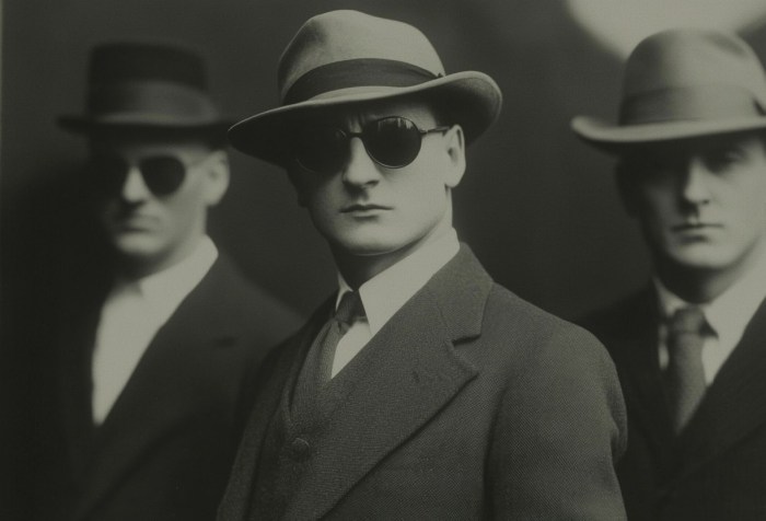 Hombres con estilo clásico de los años 30, sombreros y gafas oscuras, evocando misterio y elegancia en una escena vintage.