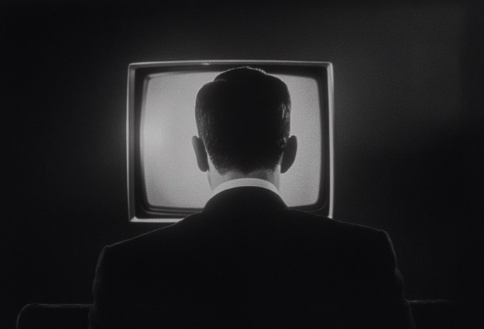 Hombre de espaldas ante un televisor en escala de grises, evocando nostalgia y el impacto de la tecnología.