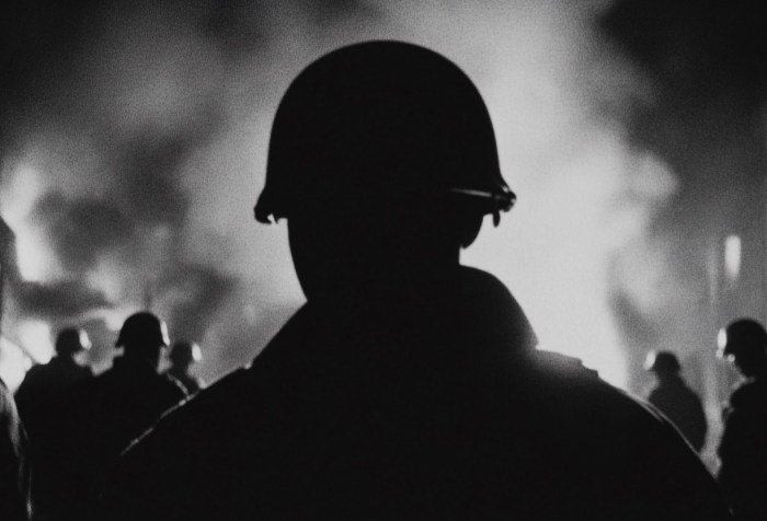 Silueta de un soldado en blanco y negro rodeado de fuego y humo, evocando una atmósfera dramática y cinematográfica.