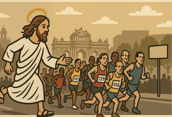 Cristo corre entre corredores en una maratón dominical en Madrid, como si la fe hubiera sido sustituida por zapatillas y dorsales.